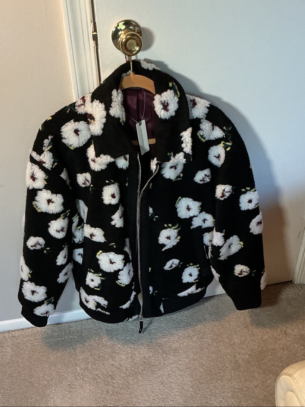 Black Floral Sherpa Bomber Jacket NWT women